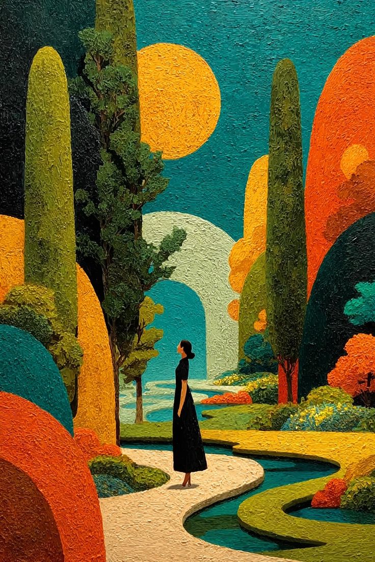 Create a surrealist painting inspired by the style of Tarsila do Amaral. The scene features a woman at peace in her own inner world her infinito particular. She is stylised, with simplified and bold forms, soft curves, and expressive colours. The background is an imperial garden filled with organic shapes and a maze-like labyrinth, echoing the balance between inner mystery and harmony. The palette is vivid, using warm earthy tones, tropical greens, and dreamy blues. The overall style is Brazilian modernist, with a poetic, whimsical, and slightly metaphysical tone. --chaos 10 --ar 2:3 --stylize 800 --v 7 Job ID: 1921f79b-5f7a-4e4e-9276-871c5aac89aa